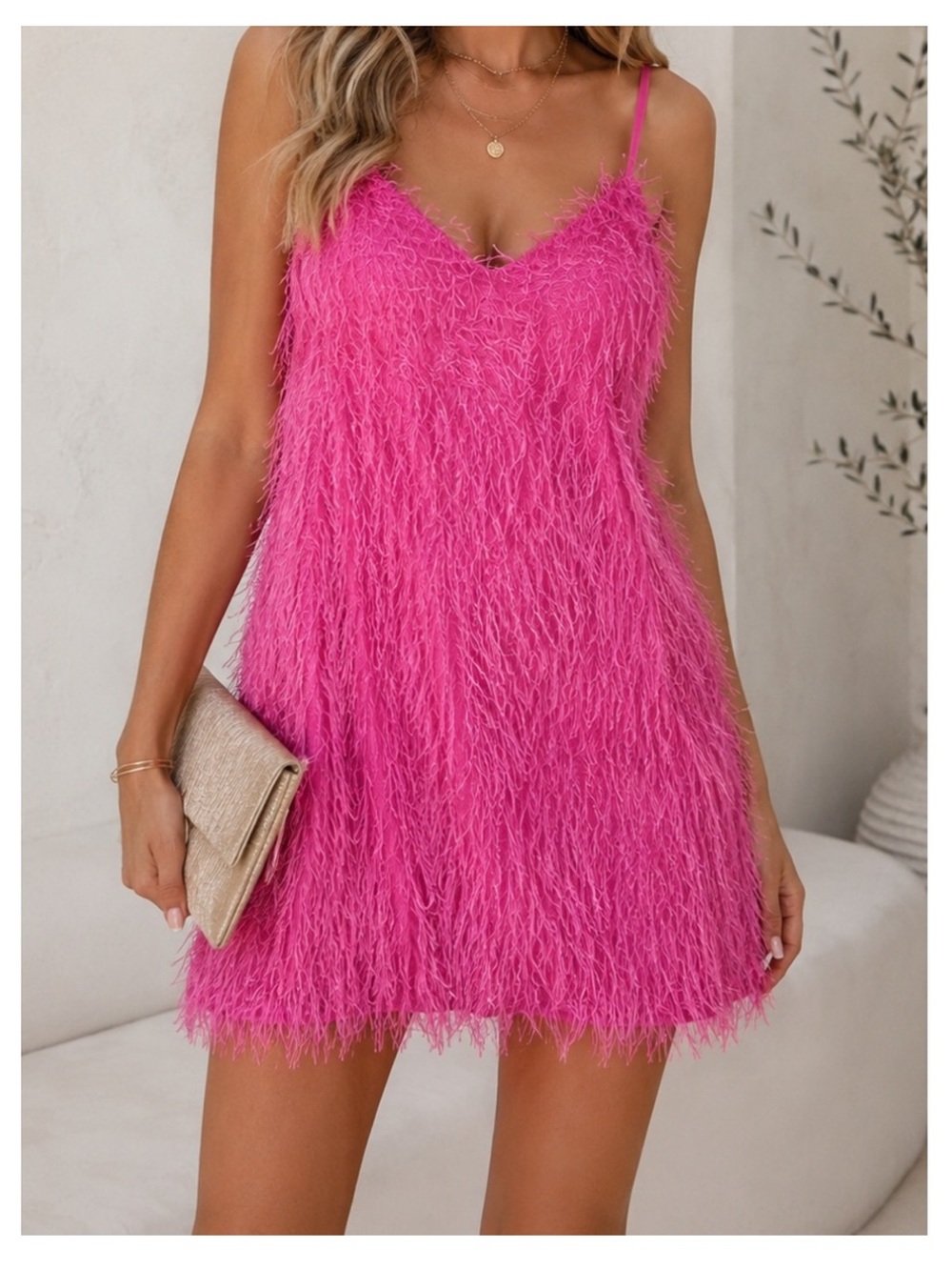 🟠NWT MAIN STRIP Feather-Textured Spaghetti Strap Mini Dress in Barbie Pink